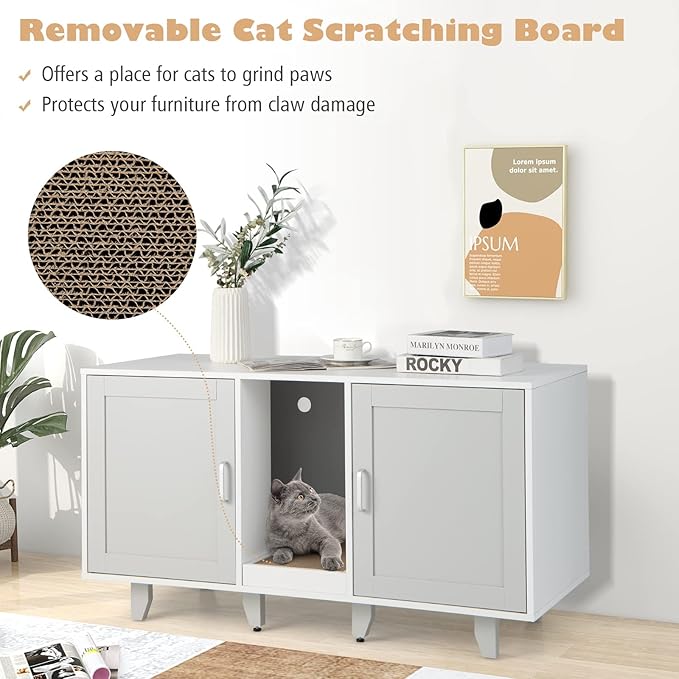 Tangkula Double Cat Litter Box Enclosure for 2 Cats, Large Stackable Hidden Privacy Cat Washroom Cabinet with Scratching Board, Indoor Cat House TV Stand Side Table, Litter Box Furniture (Grey)