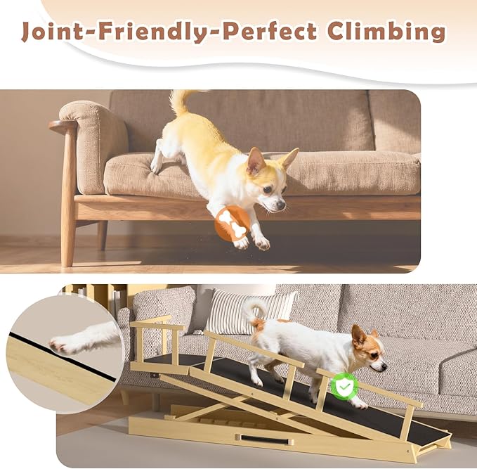 65" Foldable Dog Ramp for Bed, 6 Level（13"-32"） Heavy Duty Adjustable Dog Ramp for Car Pet Ramp with EVA Non-Slip Surface, Rest Platform & Glow Strips for Large Dogs up to 200Lbs (Wood Color)