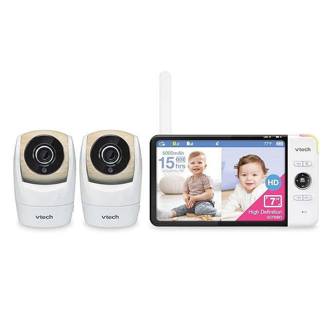 VTech VM919-2HD Baby Monitor, 7" 720p Screen, 2 Cameras, 360 Panoramic Viewing, 110 Wide-Angle View, Night Vision, Up to 1000ft Range, Secured Transmission No WiFi