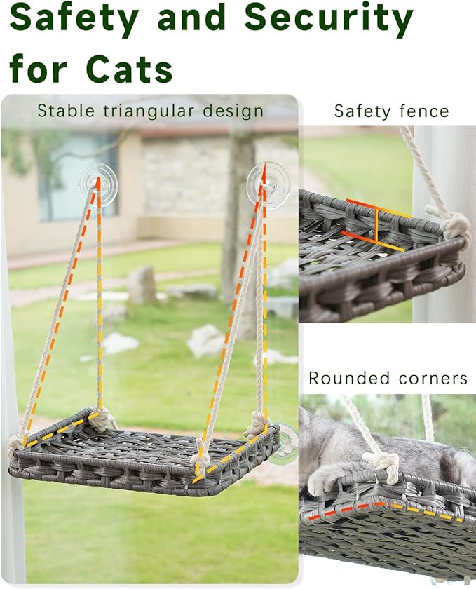 Cat Window Perch, Cat Window Hammock Bed for Indoor Cats, Large Handwoven PE Rattan Window Seat, 4 Suction Cups, Double Sided Washable Cushion Bed, 2.3 Inch Fence Shelf, for Pet Kittens Gray