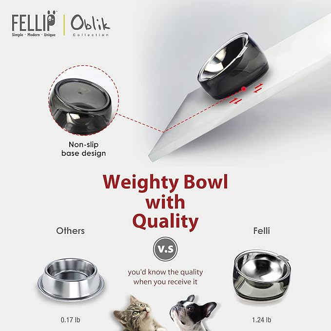 Felli Pet Oblik Spill Proof Dog Food Water Bowl Raised Acrylic Cone, Stainless Steel Tilted Oval Dish Pet Friendly, Slanted Metal Plate Feeder Elevated for Small Medium Size Dog (1.5Cup, Smoky)