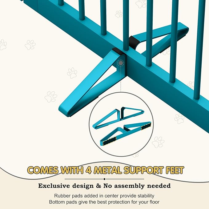 Freestanding Pet Gate with Door, Tall Dog Gate for House, Extra Wide, Pet Puppy Safety Fence, Support Feet Included, 120 Inch Wide, 6 Panels 32" Tall, Blue