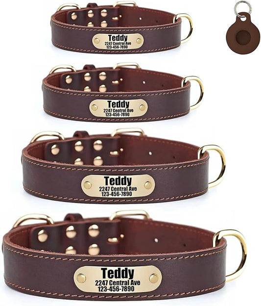 Moonpet Personalized Custom Leather Dog Collar with Engravable Nameplate with Airtag Holder Case - Durable Name Tag Collar - Customizable Dog Collar - Comfortable ID Collars for X-Large Dogs-Brown-XL