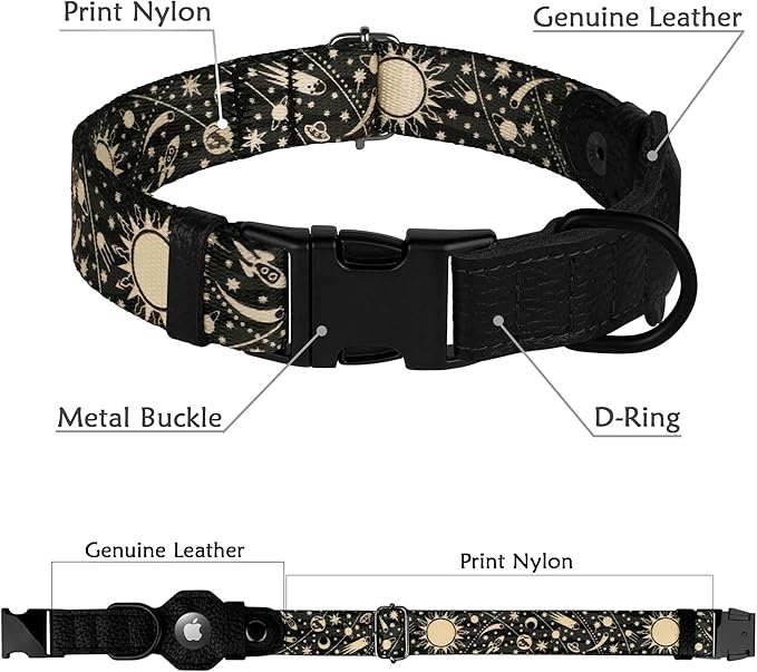 AirTag Dog Collar with Metal Buckle - Printed Nylon Soft Leather Dog Collar with Apple AirTag Holder - Secure Tracking GPS Pet Collars for Girl Boy Small Large Dogs (XS, 9"-12" Neck Fit, Space)