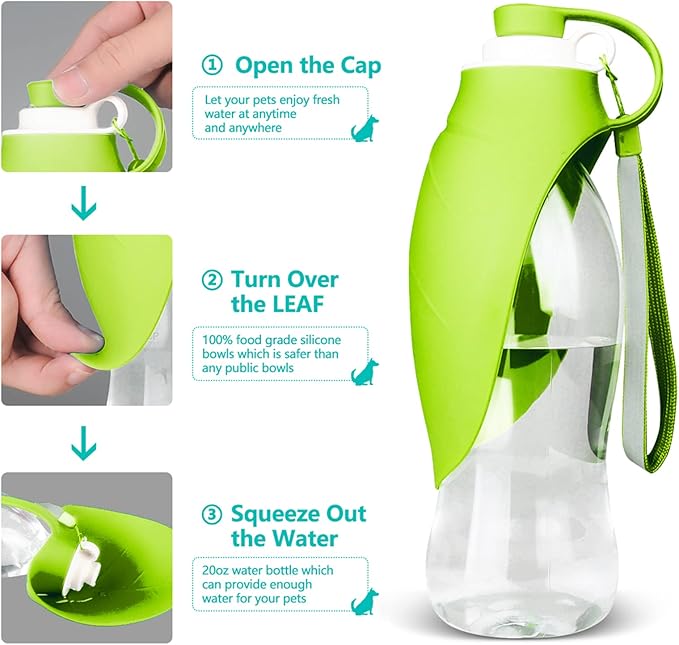 Dog Water Bottle, Portable Pet Water Dispenser Feeder Leak Proof with Drinking Cup Dish Bowl for Outdoor Walking, Hiking, Travel, 20OZ Water Bottle Fit for Small to Large Dogs and Cats Green