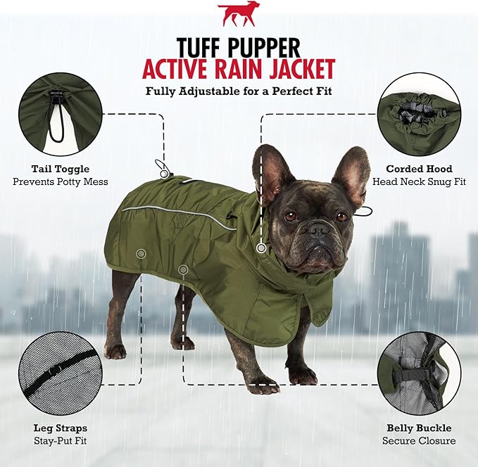 Tuff Pupper Waterproof Dog Raincoat | Full-Body Windproof Rain Jacket for Dogs | Reflective Strips | Breathable Mesh Lining | Adjustable Fit | Leash Port | Small Medium Large XL XXL Dogs (Olive, M)