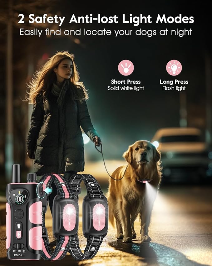 SLOPEHILL Dog Shock Collar,4200FT Dog Training Collar with Remote,IPX8 Waterproof E-Collar with Beep,Vibration,Shock,Flashing Light,No Shock Model,Electric Shock Collar for Dogs,Pink 2PCS