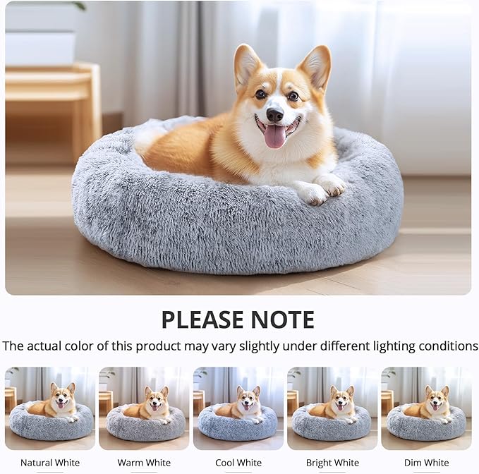 JOLLYVOGUE Calming Dog Bed for Small Dogs - 23 inches Donut Washable Small Dog Bed for Kittens & Puppies, Anti-Slip Round Fluffy Plush Faux Fur Cat Beds (Fits up to 25 lbs Pets, Grey)
