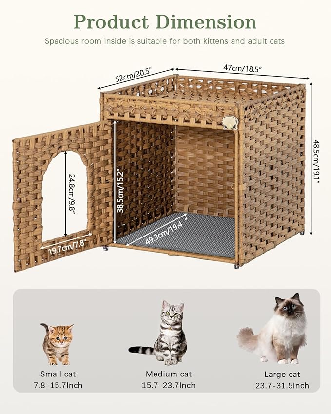 Cat Litter Box Enclosure Furniture, Hidden Litter Box with Mat and Fence, Handwoven Rattan Cat House with Two S-Shaped Hooks for Living Room, Bedroom, 18.5 x 20.5 x 19.1 Inches (Natural)