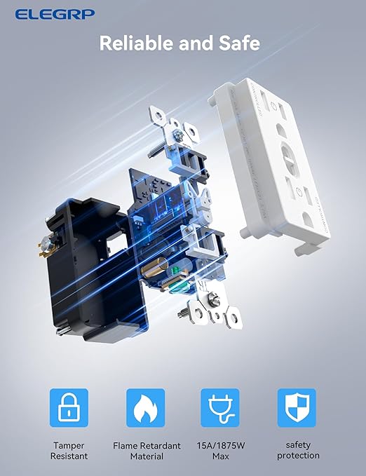 ELEGRP Smart in-Wall Outlet, 2.4GHz Wi-Fi Smart Receptacle Compatible with Alexa and Google Assistant, Tamper Resistant, 2 Individually Controlled Outlets, No Hub Required, UL Listed, White, 6 Pack