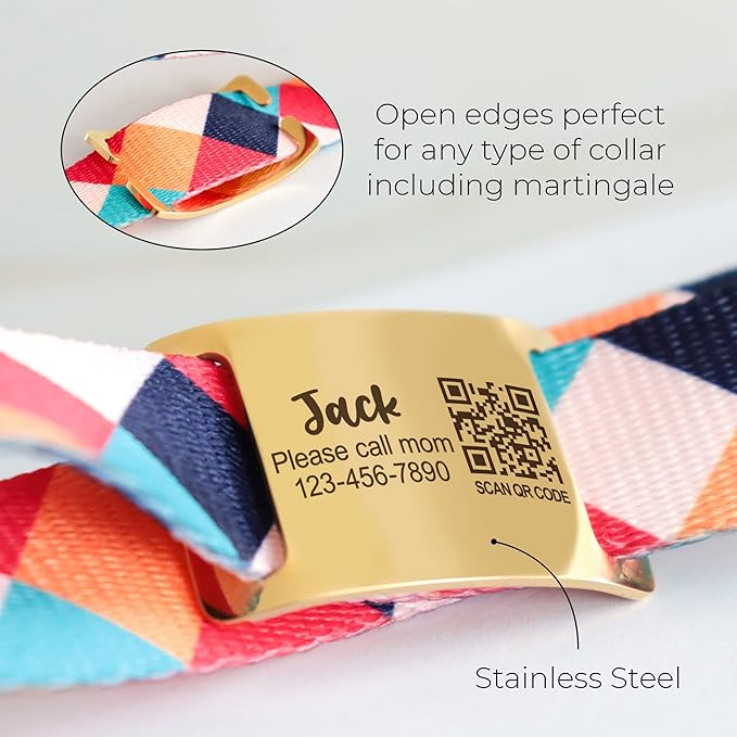Scannable QR Code Pet ID – Silent Slide-On Custom Name Plate for Collars and Harnesses, Personalized Lost & Found Info