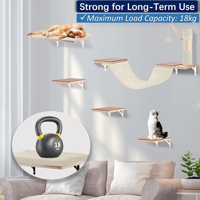 Cat Wall Shelves, Solid Wood Cat Wall Furniture Set, with Cats Bed, Hammock, Felt Ladder, Sisal Scratching Post & Ball (Beige)