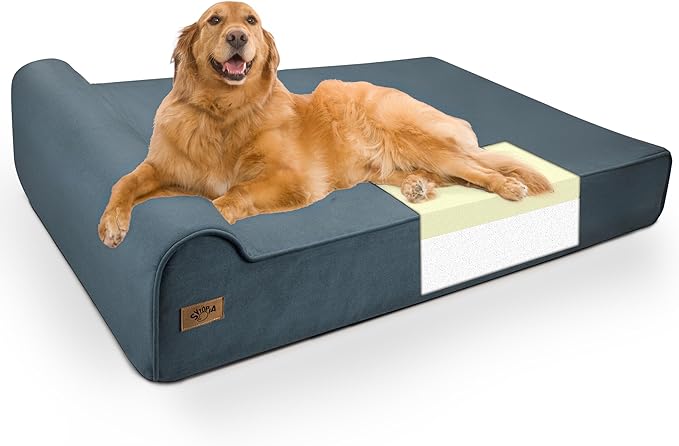 Sytopia XXL Memory Foam Dog Bed, 7 Inch Thick Extra Large Orthopedic Couch for Senior Dogs Over 100 Pounds, Water Resistant and Washable Cover, Liner, Blue Grey