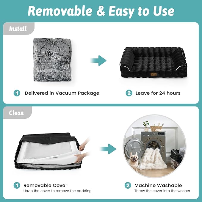 Faux Rabbit Fur Orthopedic Dog Bed, Dog Bed for Large Size, Supportive Foam Pet Sofa with Waterproof Lining Cover, Washable U-Shaped Pet Couch with Anti-Slip Bottom, Black L 36x27x6.5 inch