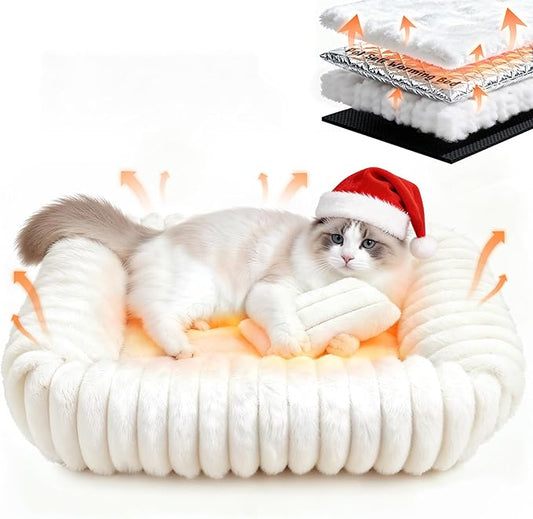 Cat Beds for Indoor Cats, Square Self Warming Cat Bed Orthopedic Pet Bed with Pillow Super Soft Rabbit Fur Small Dog Beds, Calming Plush Kitten Bed with Removable Washable Cover & Anti-Slip Bottom
