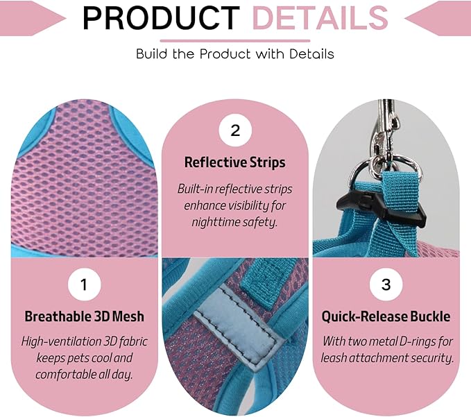 Small Dog Harness and Leash Set, Adjustable Step-in Dog Harness with Back Clip, Reflective Escape Proof Easy Walk Dog Harness for Small Sized Dog, Puppy, Cats (PinkBlue XS)