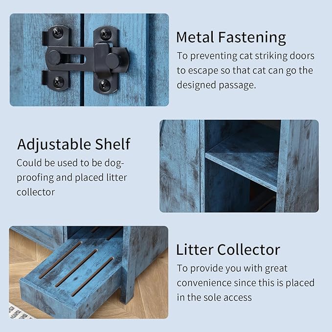 Large Cat Litter Enclosure With Litter Collector, Enclosure for self-Cleaning Litter Boxes,Adjustable Shelf for Dog Proof and Storage,charging station,Locks Added for cat,Cat House,Blue