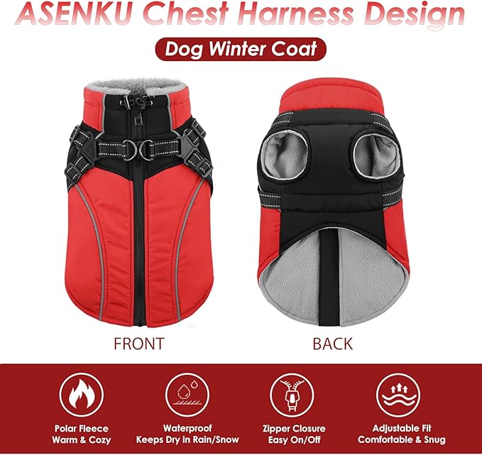 ASENKU Reflective Dog Coat with Built-in Harness, Windproof Fleece-Lined Dog Jacket for Small, Medium, Large Dogs, Warm Winter Vest with Turtleneck & Zipper (Red S)