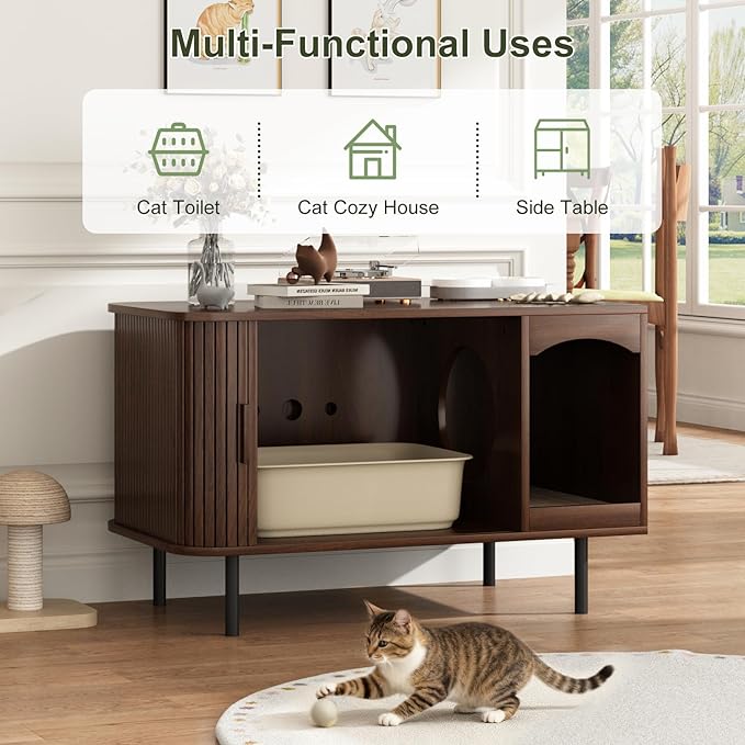 Cat Litter Box Enclosure Furniture, Hidden Litter Box Cabinet with Scratching Pad, Large Fluted Wood Cat House Indoor Modern Side End Table Litterbox Furniture for Living Room, Entryway, Walnut