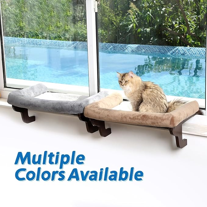 Zakkart Cat Perch for Window Sill with Bolster - Orthopedic Hammock Design with Premium Hardwood & Robust Metal Frame - Cat Window Seat for Large Cats and Kittens - Dark Stained Wood Gray Bed, 24''W