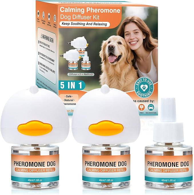 Dog Calming Pheromones Diffuser to Calm Pet 5 In 1 Advanced Kit Appeasing Pheromone Diffuser for Anxiety Relief (2 Plug in+3 Pack 48ml Refill) Reduce Aggression Fighting Barking Stress (Tasteless)