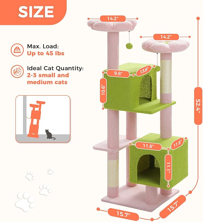 Flower Cat Tree, 52.4 Inch Multi-Level Cat Tower for Indoor Cats with Dual Top Perches, 2 Condos & Scratching Posts, Plush Cat Furniture for Kittens and Medium Cats, Pink