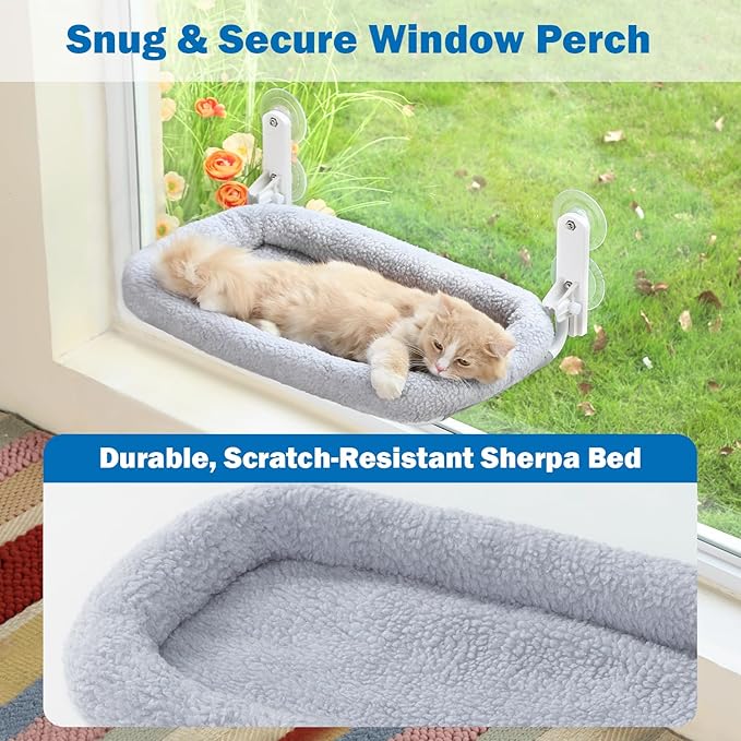 Zakkart Foldable Cat Hammock for Window - Cordless, Embeded Machine Washable Bed, Robust Metal Frame - Cat Window Perch for Large Cats and Kittens (Gray Bolster Bed, Medium)