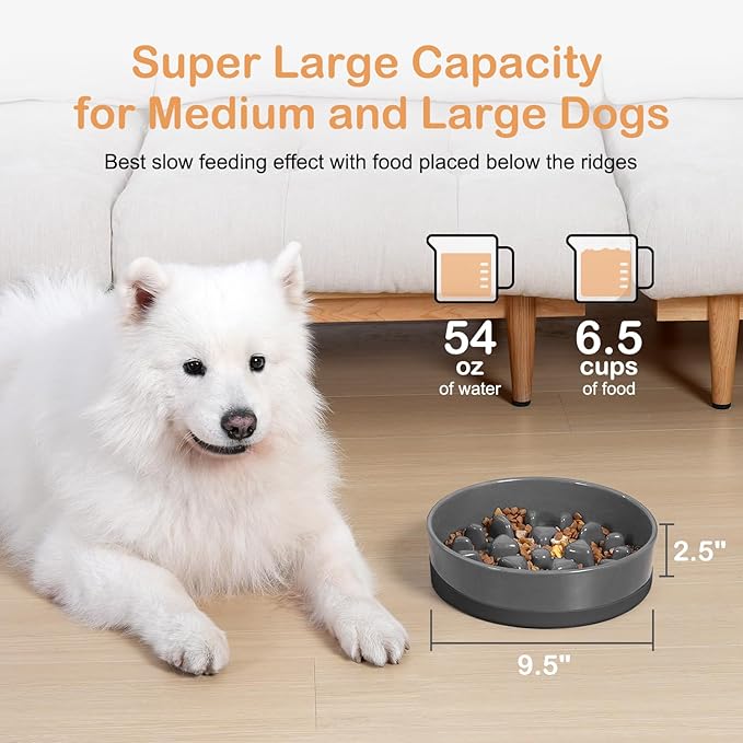 Sted Ceramic Slow Feeder Dog Bowl for Medium Large Breed, Puzzle Dog Food Bowl with Silicone Base, Maze Grey