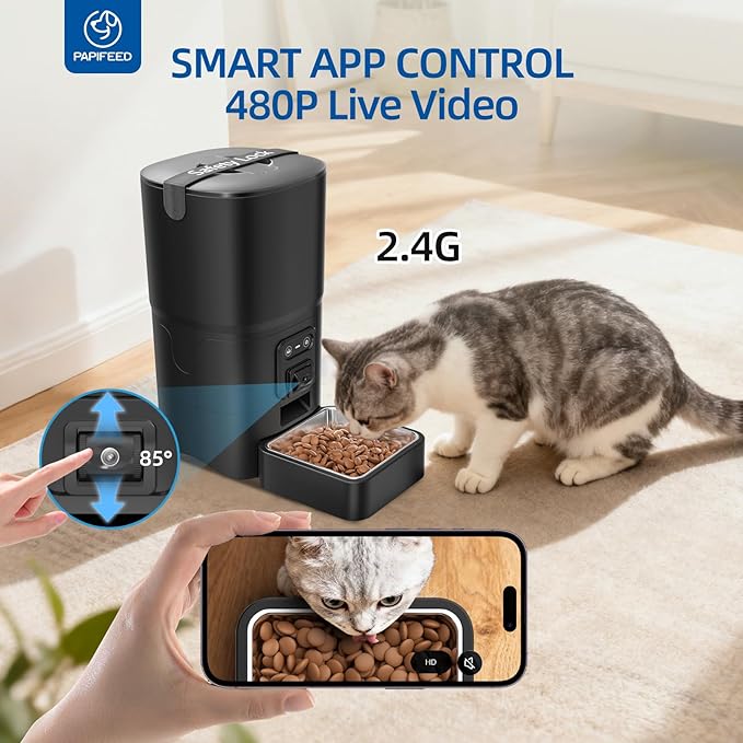 PAPIFEED Automatic Cat Feeder 6L 2.4G WiFi Smart Pet Feeder with Camera & Two-Way Audio, Adjustable Angle, Easy to Clean Detachable Feeding Schedule 1-10 Meals Per Day for Cats & Small Dogs - Black