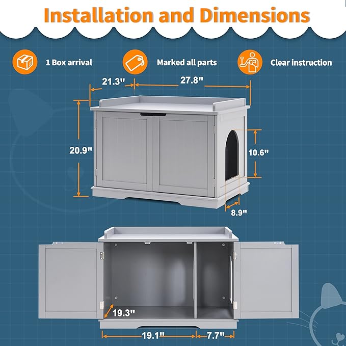 MCombo Cat Litter Box Furniture Hidden, Pet Enclosed Litter Bench, Wood Hideaway Extra Cat House, Kitten Washroom Bench with Removable Divider for Indoor Animal 0657