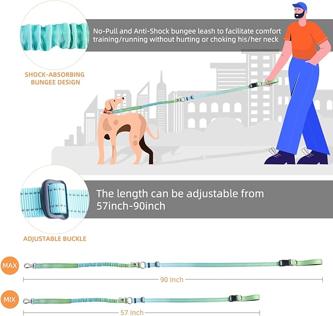 Roses&Poetry Hands Free Dog Leash for Medium Large Dogs Heavy Duty, No Pull Bungee Dog Running Waist Leash for Walking Training with Car Seatbelt 4-6FT