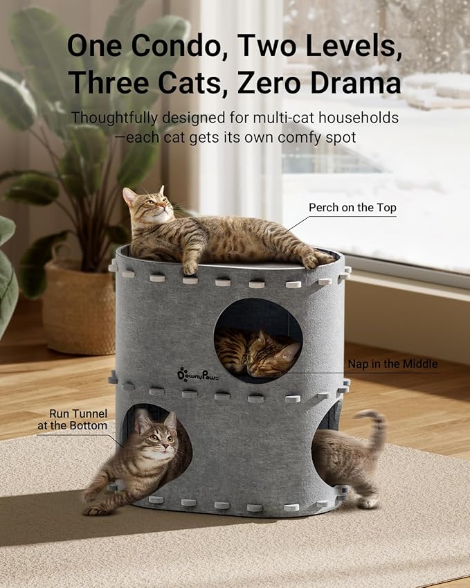 DownyPaws Cat House for Indoor Cats, 2-Storey Foldable Cat Bed Cave, Felt Cats Tunnel Bed Condo, Castle Kitten Cube Hideaway for Multicats, Scratch Resistant, Light Gray