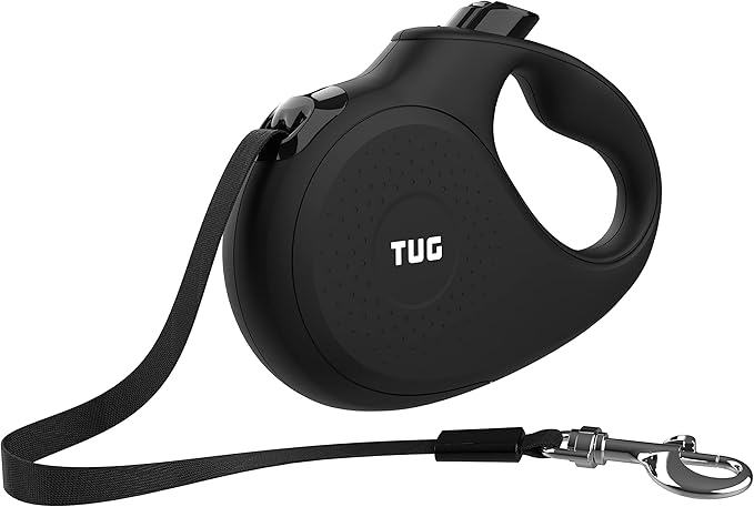 TUG Monochrome XL 360° Tangle-Free Retractable Dog Leash | 26 ft Strong Nylon Tape | One-Handed Brake, Pause, Lock (Extra Large, Black)