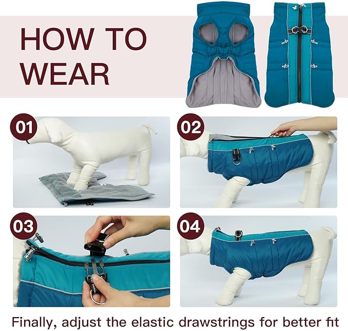 Dog Winter Jacket - Large, Warm Zip Up Snowsuit Dog Harness Vest, Reflective, Water-Resistant, Green