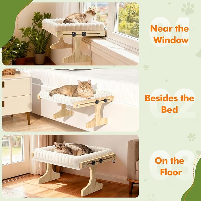 Cat Perch for Window XiaZ Cats Hammock Indoor Cat Bed for Window Adjustable Wooden Frame W/Soft Warm Plush-Lined Cushion Perfect for Bird Watching Sunbathing Space-Saving Easy Install Single Layer