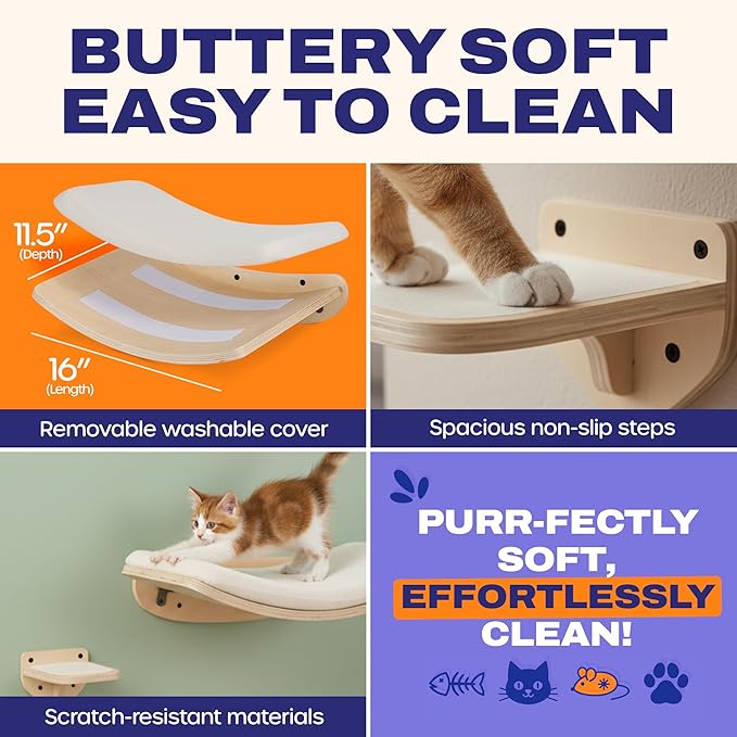 Cat Wall Shelves, Natural Finish – Floating Cat Furniture with Curved Bed & Steps | Modern Minimalist Wood Climbing Shelves Set of 4 for Indoor Cats, Sturdy Wall-Mounted Design