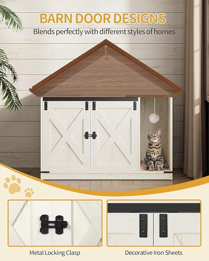 Cat Litter Box Enclosure, Hidden Litter Box Cabinet Furniture with Bell, Indoor Cats House, Farmhouse Style, 39.4 x 21.7X 24.8 Inches for Hallway, Bedroom, Rustic Brown and White CB85214X