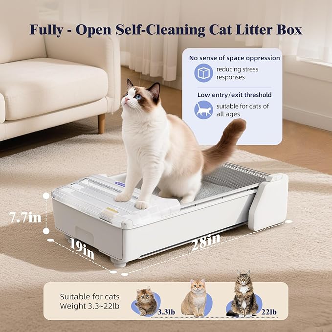 Self Cleaning Cat Litter Box - Fully Open Automatic Litter Box with Roomy Space+Vis Waste Bin, APP for Mutil Cats, Weight Sensors Anti Pinch Safety, Works with Cassava Litter