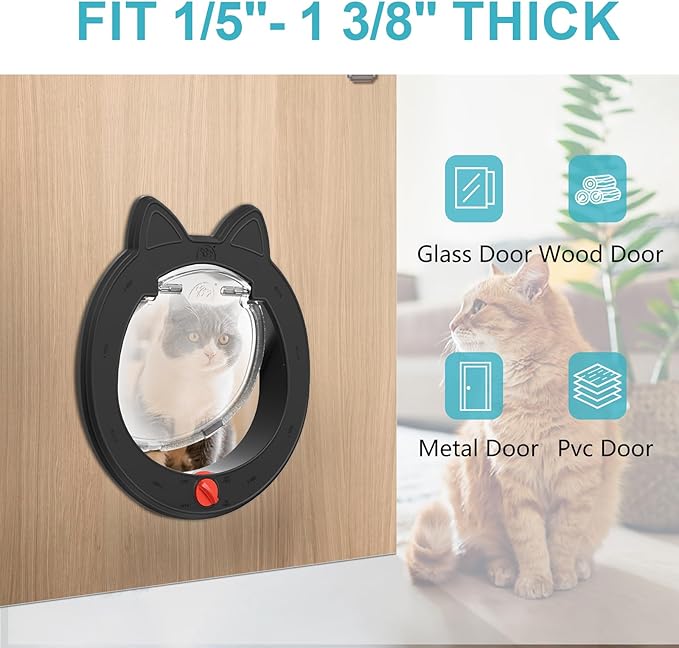 ClawJaw Pet Door, Cat Door for Interior Exterior Doors, 7.5" x 7.5" Inner Frame, 4-Way Locks, for Cats and Small Dogs, Easy to Install, Suitable for Interior and Exterior Doors, Black