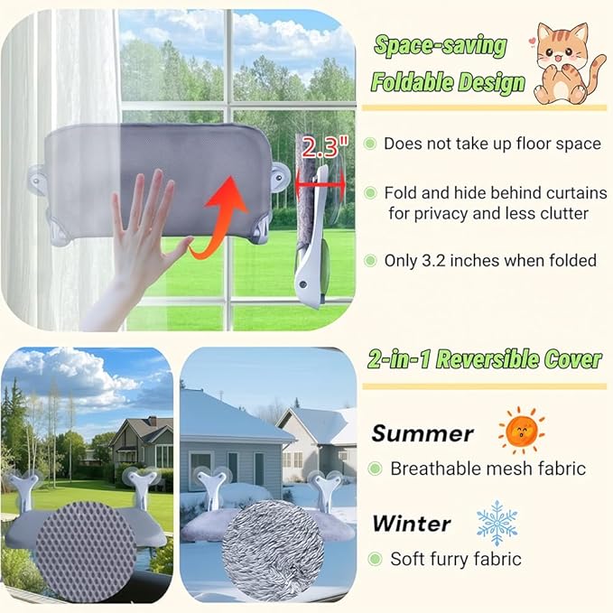 Cat Window Perch Hammock, 6 Suction Cups, 55 Lbs for Large Cats/Multiple Cats, Seat Bed, Indoor Foldable Design with Thickened Metal Frame. Dual-Sided Washable Mat