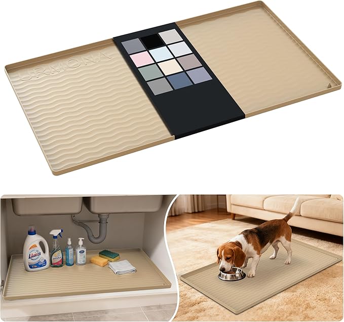 URMONA Waterproof Silicone Under Sink Mat 34'' x 19'' Shelf Liner for Kitchen and Bathroom, Cabinet and Counter Protector, Storage and Organizers, Litter Mat, Pet Cat Puppy Essentials(Khaki)