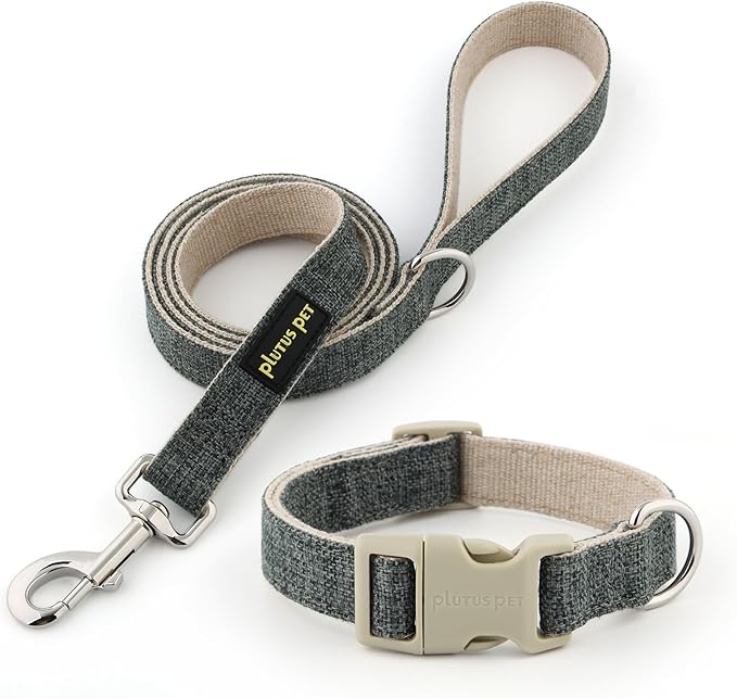 Plutus Pet Cotton Hemp Dog Collar and Leash Set, Adjustable Collar for Small, Medium, and Large Dogs, Heavy Duty and Soft on Skin, Gray, XL