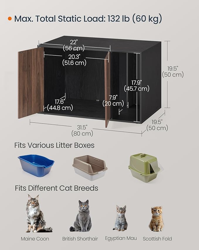 SONGMICS HOME Cat Litter Box Enclosure, Superfast Toolless Assembly, Litter Box Furniture for Large Cats, Display Side Table, Push-to-Open Doors, Ebony Black and Somber Walnut UPCL013BE01S