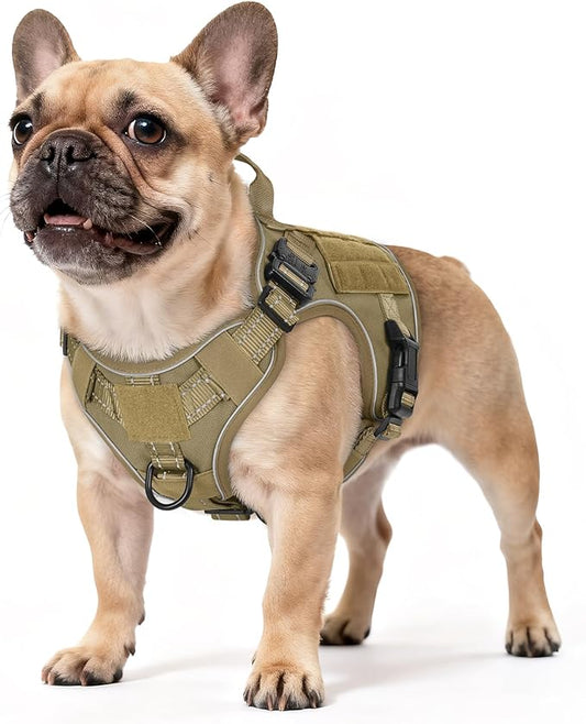 rabbitgoo Tactical Dog Harness Small Sized, No Pull Upgraded Reflective Heavy Duty Molle Vest with Handle, Adjustable Military Service Dog Vest for Walking Hiking Training, Brown, S