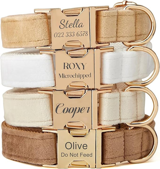 Personalized Velvet Dog Collar with Name & Phone, Multi-Color Options, Metal Quick-Release Buckle, Soft & Stylish (Style-D)