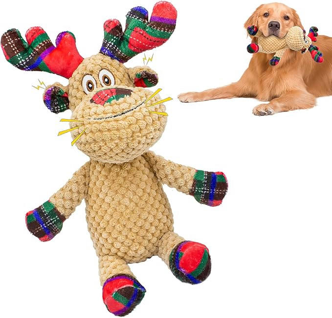 Squeaky Christmas Reindeer Dog Toys, Interactive Plush Dog Toys for Small and Medium Dogs, Suitable for Trainning and Reducing Boredom and Anxiety. (Reindeer)