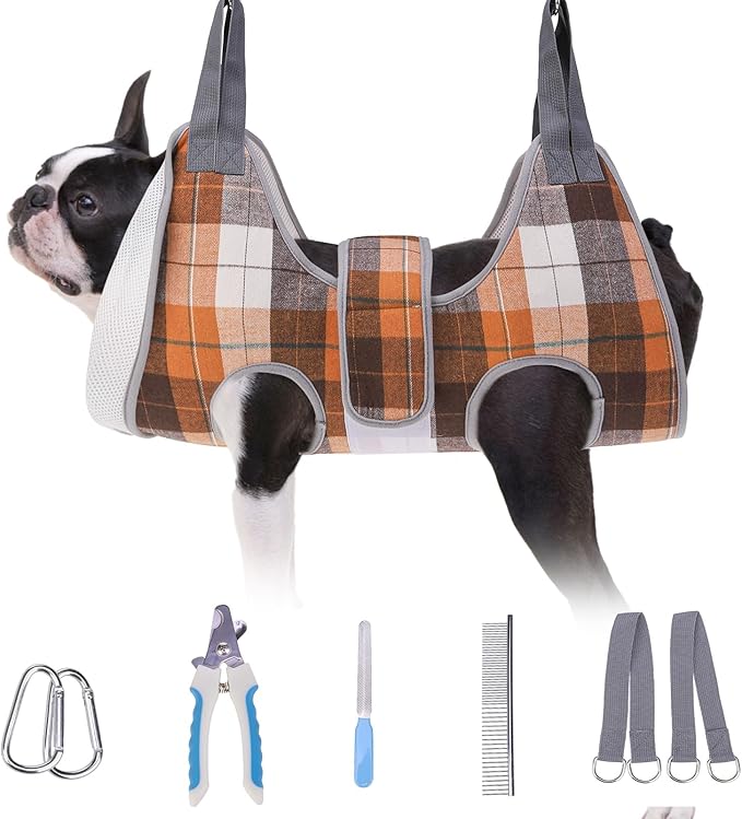 BEAUTYZOO Dog Grooming Hammock Harness for Nail Trimming - Adjustable Pet Restraint Sling for Small Medium Large Dogs/Cats - Secure Hanging Holder for Nail Clipping & Grooming (Orange Thanksgiving)