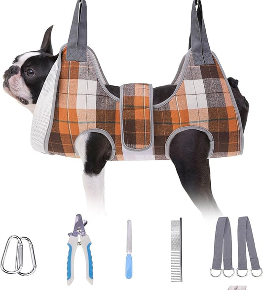 BEAUTYZOO Dog Grooming Hammock Harness for Nail Trimming - Adjustable Pet Restraint Sling for Small Medium Large Dogs/Cats - Secure Hanging Holder for Nail Clipping & Grooming (Orange Thanksgiving)