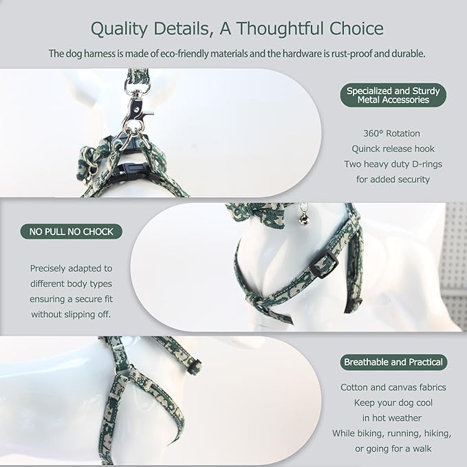 Dog Collar and Harness with Leash Set, Breathable Puppy Harnesses for Small Dogs, No Pull Easy Walking Pet Harness, Green, S