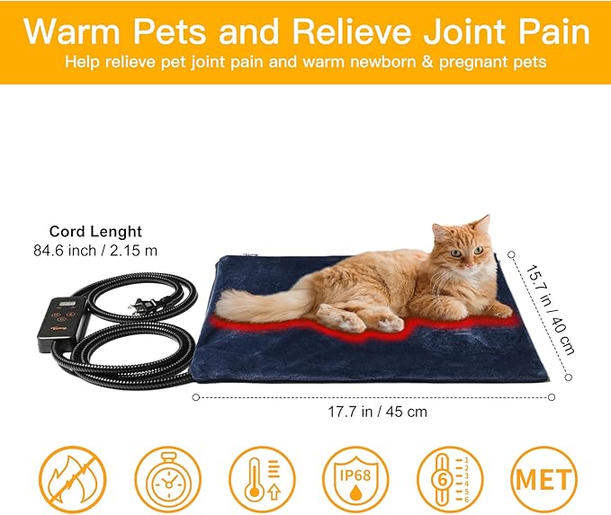 Toozey Pet Heating Pad, 6 Adjustable Temperature Heated Cat Bed with Timer, Waterproof Electric Heated Mat for Dogs and Cats, Chew Resistant Cord, Safe Indoor Use, 18x16in